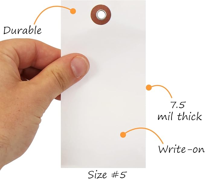SmartSign 4.75 x 2.375 inch Blank White Shipping Tags with Metal Eyelet (Size-5), 7.5 mil HDPE Plastic, Writable, Pack of 1000 (No Wires)