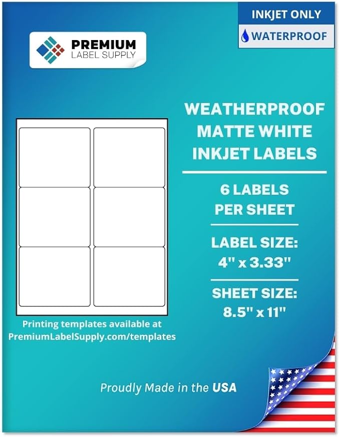Premium Label Supply Waterproof Matte White Sticker Labels – 4" x 3.33" – Inkjet Printers Only – (6 per Sheet), 100 Sheets - 600 Total Adhesive Labels
