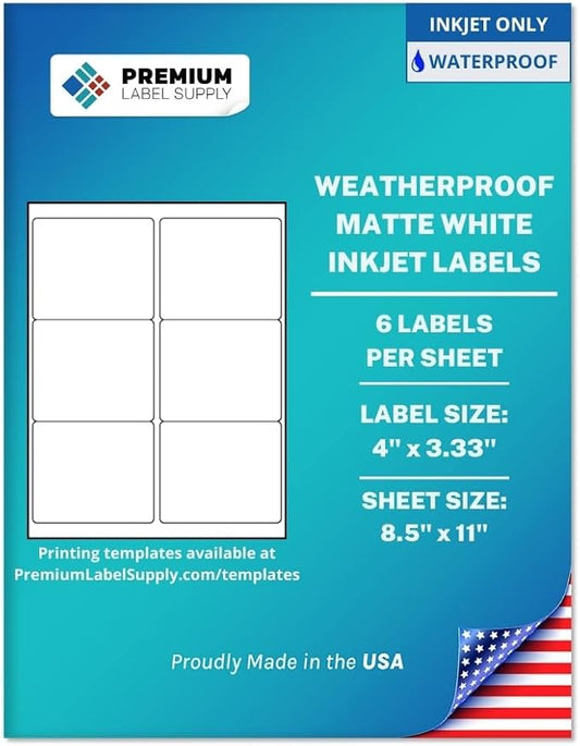 Premium Label Supply Waterproof Matte White Sticker Labels – 4" x 3.33" – Inkjet Printers Only – (6 per Sheet), 500 Sheets - 3,000 Total Adhesive Labels