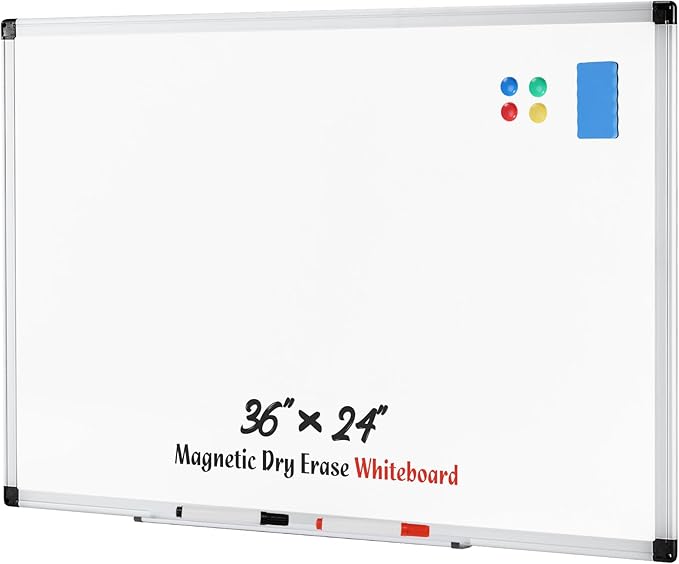 NEWBULIG White Board, 36" x 24" Magnetic Dry Erase Board for Wall with 1 Dry Eraser & 2 Multi-Color Markers & 4 Magnetic Pins, Silver Aluminum Frame for Office, Home, School