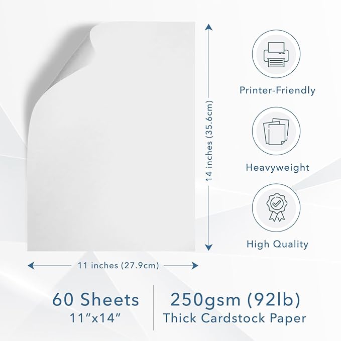 MOS White Cardstock Paper 11 x 14 Inch (60 Sheets) — Heavyweight Poster Board Card Stock for Crafts, Certificates, Menus, Art Projects, Printer Compatible