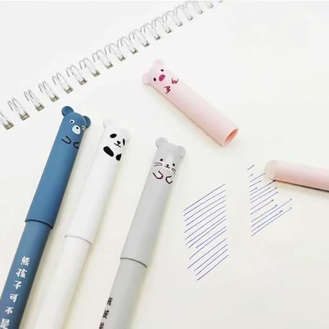 Piaogui 6pcs 0.5mm Erasable Gel Pens,Kawaii Cute Bear Pig Erasable Gel Pen Set Kawaii Pens Back to School Stationery Supplies for Writing Noting Journaling Kids Gifts (Grey-6 Pcs)