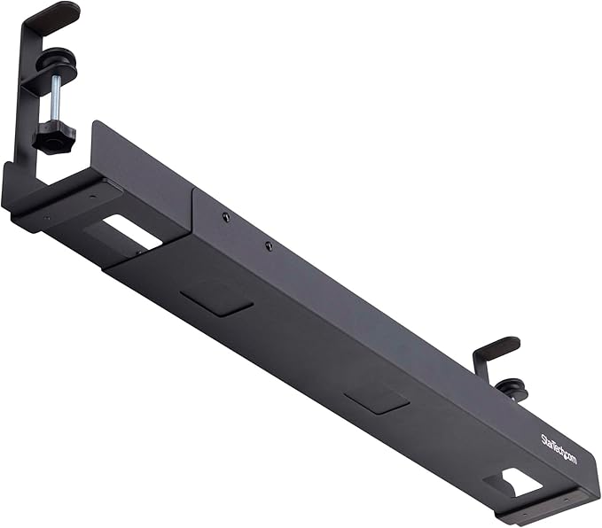StarTech.com Under Desk Cable Management Tray, Length Adjustable, Clamp-On Installation, No Drilling Required, Black