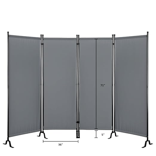 Proman Products - Galaxy 4 Panel Section Privacy Folding Screen Divider, Water Repellent Fabric Room Divider with Black Powder Coated Metal Frame for Indoors or Outdoors (Gray)