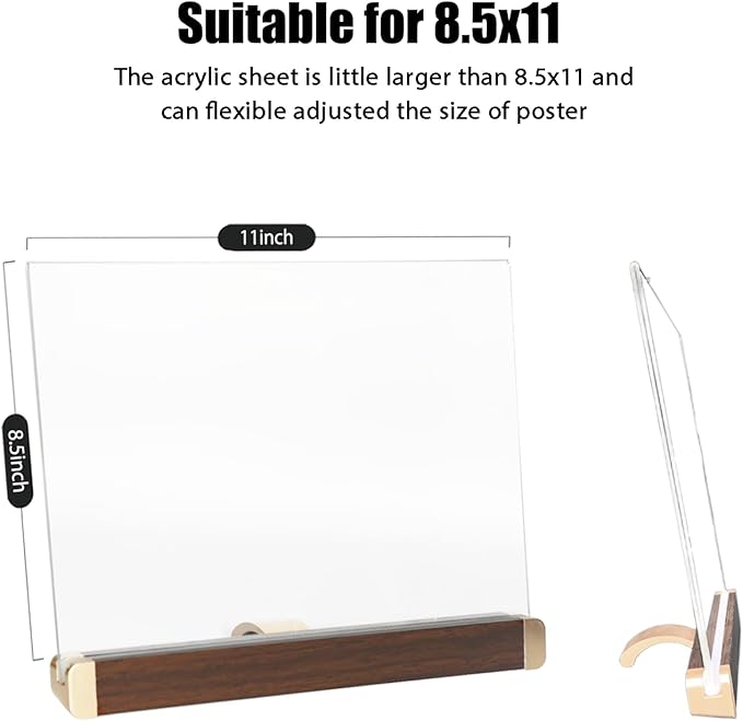 8.5 x 11 Menu Holder, Acrylic Table Menu Stand, Classic Wooden Sign Holder, Double Sided Display Table Top Paper Holder, for Bar, Cafe, Restaurant, Store, Certificate, Document (Vertical, 2pack)