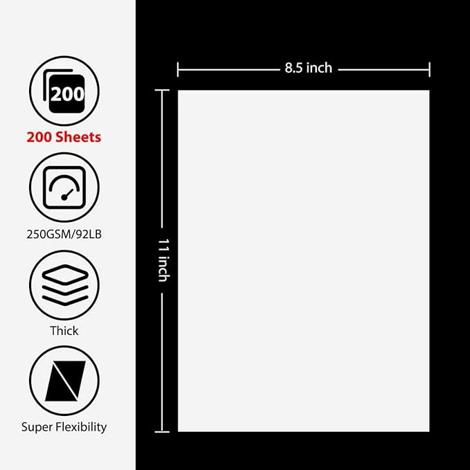 OcePor 200 Sheets White Cardstock Paper, Colored Printer Paper 8.5 x 11, Card Stock Thick Construction for Craft,Scrapbook，Office Printing, Invitations, Certificates，92 lb/250gsm