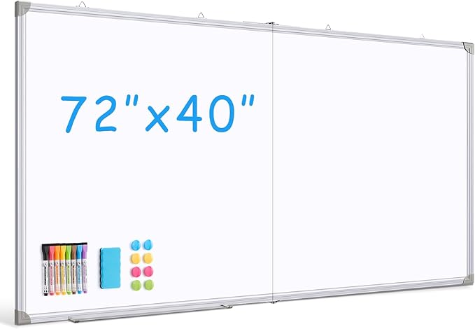 DOLLAR BOSS Large White Board 72 x 40 Inch Foldable Magnetic Whiteboard for Wall, Portable Double Sided Dry Erase Board, Aluminum Frame Message Board for School, Office, Classroom with Eraser, Markers