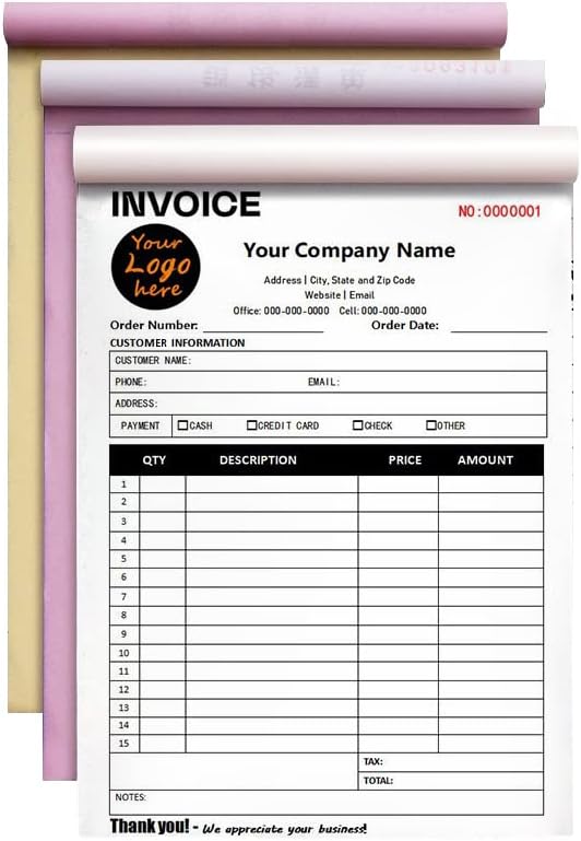 Custom Carbonless Sales Invoice Form Books for Small Business, Personalized NCR 3-Part Receipt Book with Carbon Copies, Cover Add Company Name, Address and Number Printed