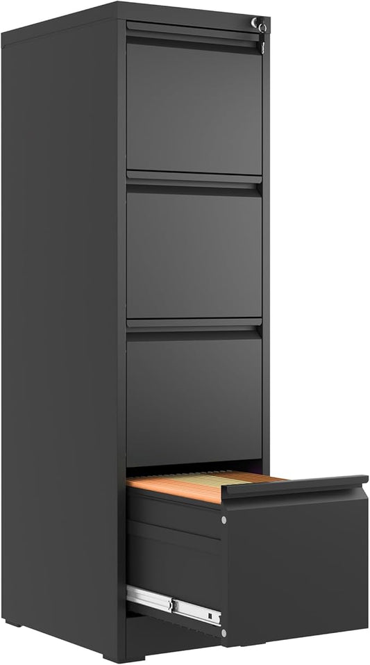 FLIXELIO 4 Drawer File Cabinet with Lock,Metal Vertical Filing Cabinets for Home Office,Heavy Duty File Storage Cabinet for Letter/Legal/A4/F4 Size File,Assembly Require (Black, Vertical 4 Drawer)
