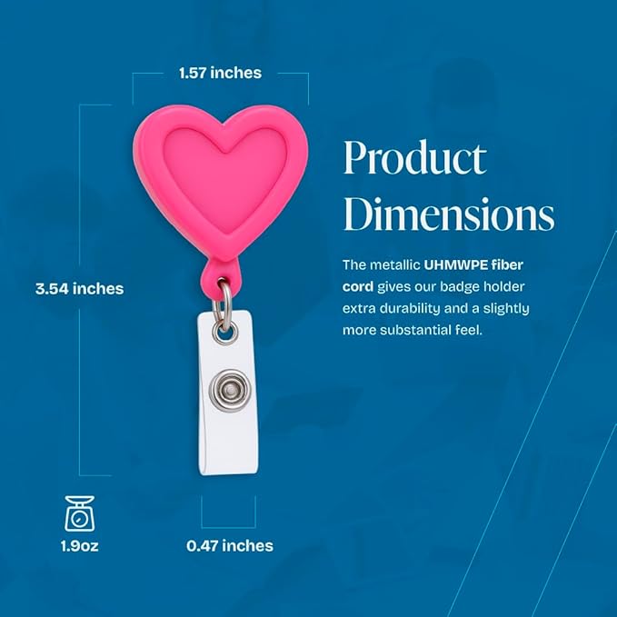 Will Well Badge Holders with Belt Clips for Securing onto Pockets and Purse Straps, with Retractable 27.5" UHMWPE Fiber Pull Cords, Strong Build with Fun Designs - 2-Pack, Heart Shape