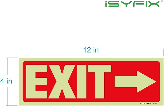 iSYFIX Exit Stickers Signs with Directional Right Arrow 12 Pack 12x4 Inch - Glow in the Dark Photoluminescent Vinyl for Office, School, Business, Warehouse - UV & Weather Resistant for Indoor/Outdoor Use
