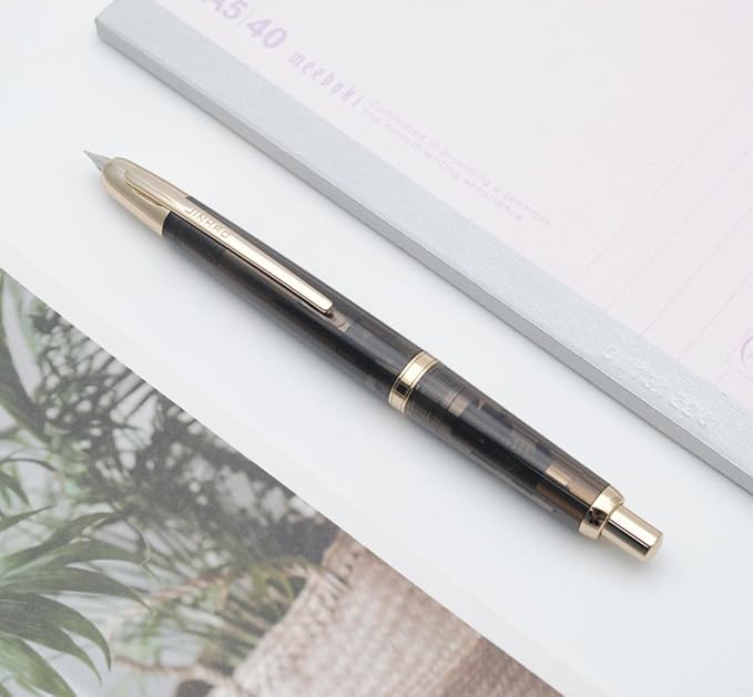 JINHAO 20 Press Fountain Pen, Retractable Capless Resin Pen with Ink Converter (F Nib 0.5mm, Transparent Black - Gold Clip)