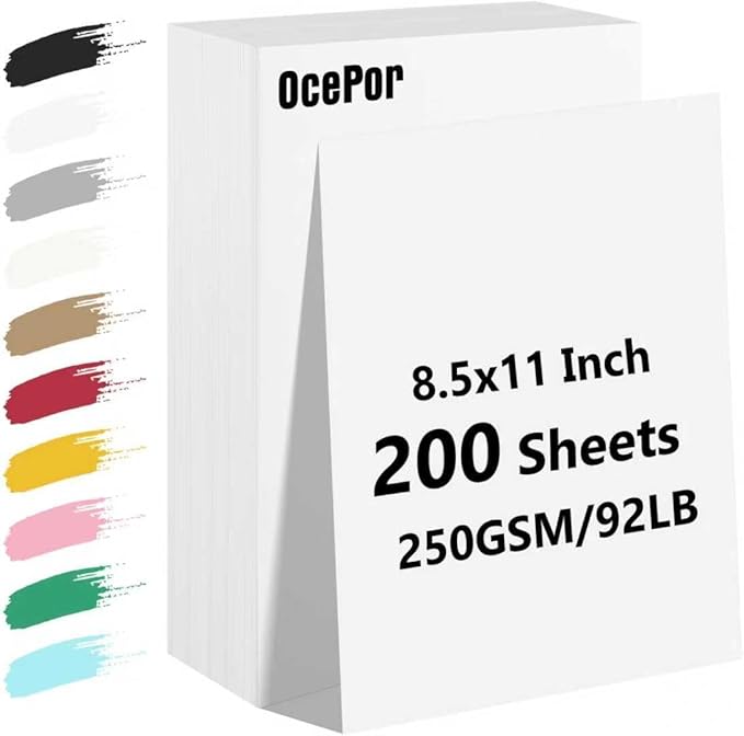 OcePor 200 Sheets White Cardstock Paper, Colored Printer Paper 8.5 x 11, Card Stock Thick Construction for Craft,Scrapbook，Office Printing, Invitations, Certificates，92 lb/250gsm