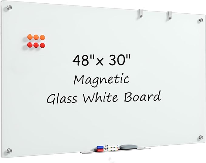 MaxGear Glass Whiteboard, Tempered Magnetic Dry Erase Board 48 x 30 Inch, Frameless Wall Mounted, Office Classroom Conference Room Home Use, Includes Markers, Eraser, Magnets & Mounting Kit