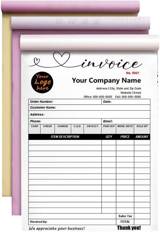 Custom Carbonless Sales Invoice Form Books for Small Business, Personalized NCR 3-Part Receipt Book with Carbon Copies, Cover Add Company Name, Address and Number Printed