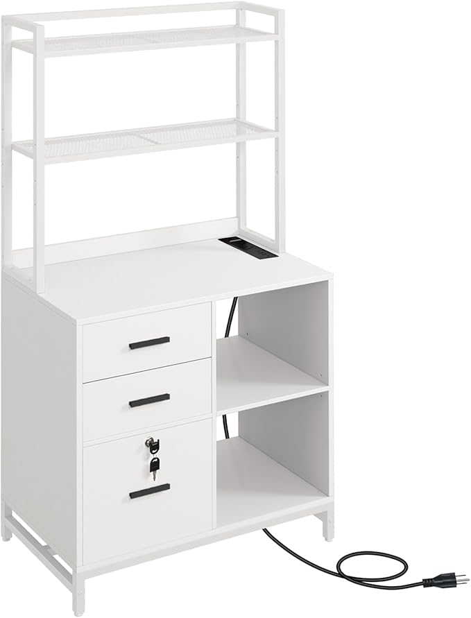 Livofloral Vertical File Cabinet with Charging Station, Filing Cabinets for Home Office, Large Printer Stand with Open Storage Shelves, 3 Drawer Filing Cabinet with Lock fits Letter/A4 Size, White