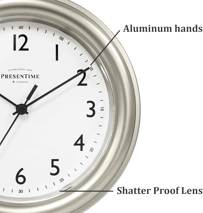 Presentime & Co. 8.5" Modern Farmhouse Essential Wall Clock, Silent Non Ticking, Morning Silver Color. (Wall Clock for Office, Home, Bathroom, Kitchen, Bedroom, and School)