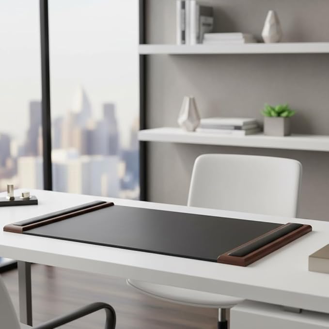 Walnut & Black Leather 34" x 20" Side-Rail Desk Pad