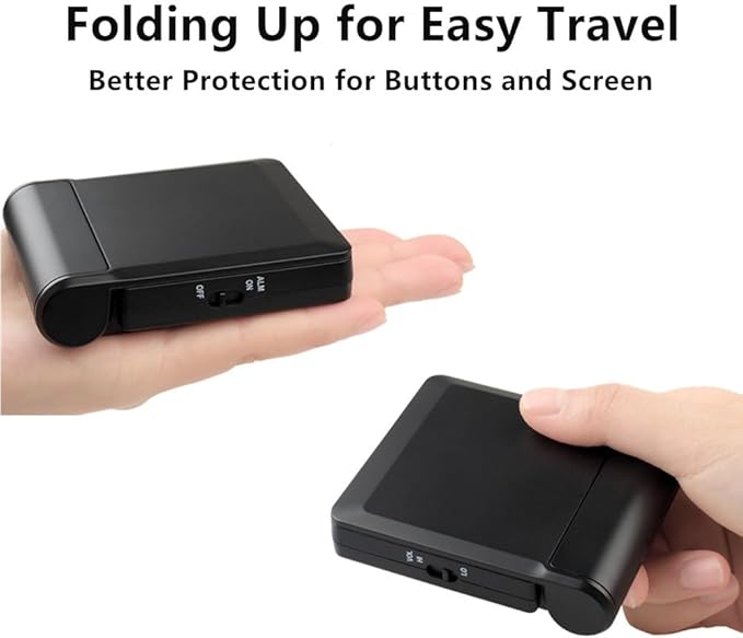 FAMICOZY Small Folding Digital Travel Alarm Clock with Day/Month/Date/Indoor Temperature,Easy to Read and Set,High/Low Alarm Volume,9 Min Snooze,Backlight on Demand,Bedside Calendar Alarm Clock,Black