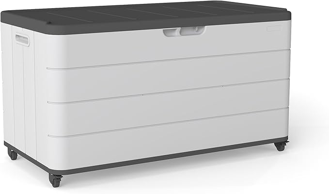 PATIOEASY 100GAL Square Storage Box (With Wheels) White，Waterproof Resin Storage Bin for Patio Cushions，Accessories，UV Resistan
