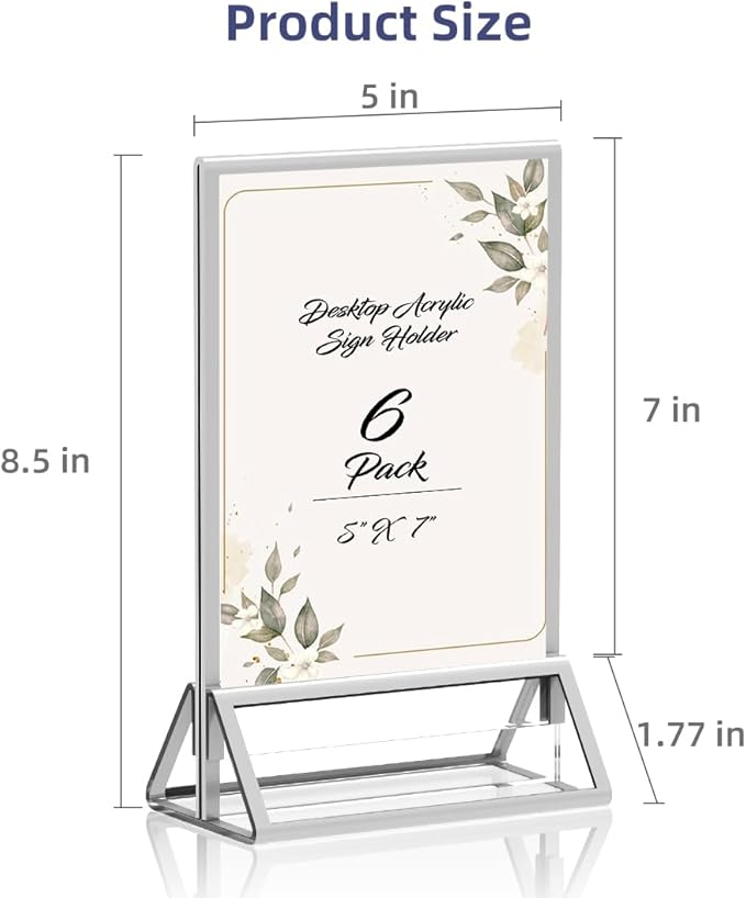 PPH-Sisy Clear Acrylic Sign Holder 5X7 with Silver Borders Display Stand, Double Sided Acrylic Picture Frames Plastic Sign Holder for Wedding Table Numbers Menu Holder (6 Pack)