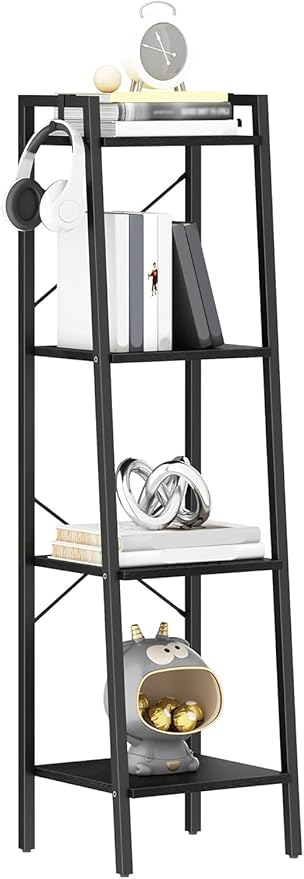 Hzuaneri Ladder Shelf, Bookshelf Bookcase, Freestanding Corner Storage Shelve with 2 Hooks for Home Office, Living Room, Kitchen, Bedroom, Industrial, 11.8" D x 13.4" W x 47.2" H, Black BC13204B