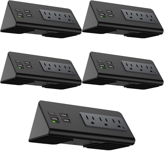 Kable Kontrol Desk Clamp Power Strip with USB-C Port, Nightstand Charging Station, 3 AC Outlets, 3 USB-A Ports, Fast Charger, Easy Installation for Home, Offices, Hotels – 4.9 Ft, Black, 5 Pcs