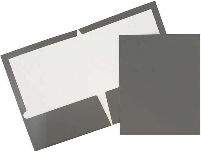 JAM PAPER Laminated Two Pocket Glossy School Folders - Letter Size - High Gloss Grey - Bulk 100/Box
