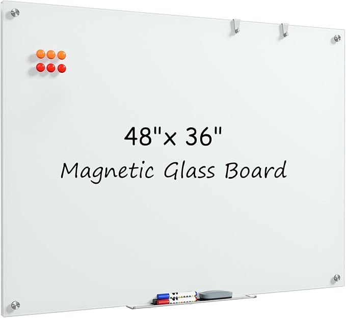 MaxGear Glass Whiteboard, Tempered Magnetic Dry Erase Board 48 x 36 Inch, Frameless Wall Mounted, Office Classroom Conference Room Home Use, Includes Markers, Eraser, Magnets & Mounting Kit