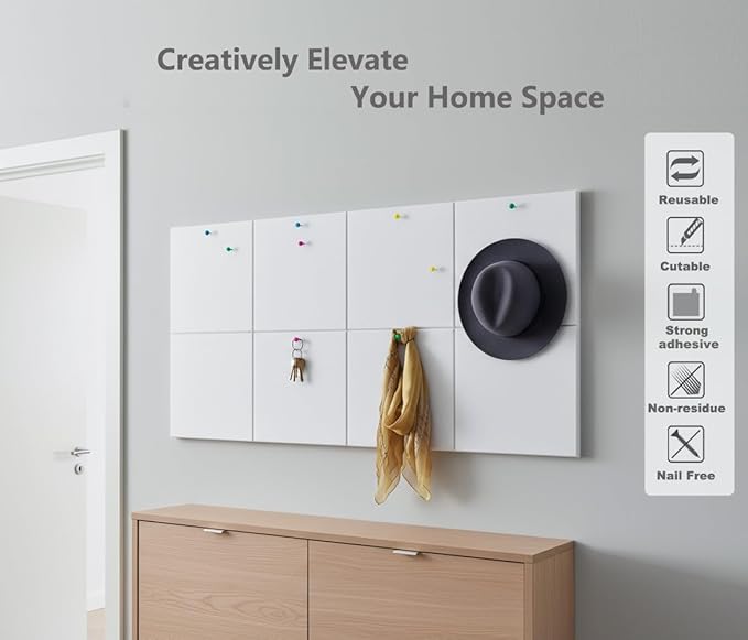 G Gamit Large Felt Wall Tiles Bulletin Board,Large Cork Board Alternative with 30 Pushpins,8-Pack Felt Pin Board with 56 Safe Removable Adhesive Tabs for Home Office School (White)