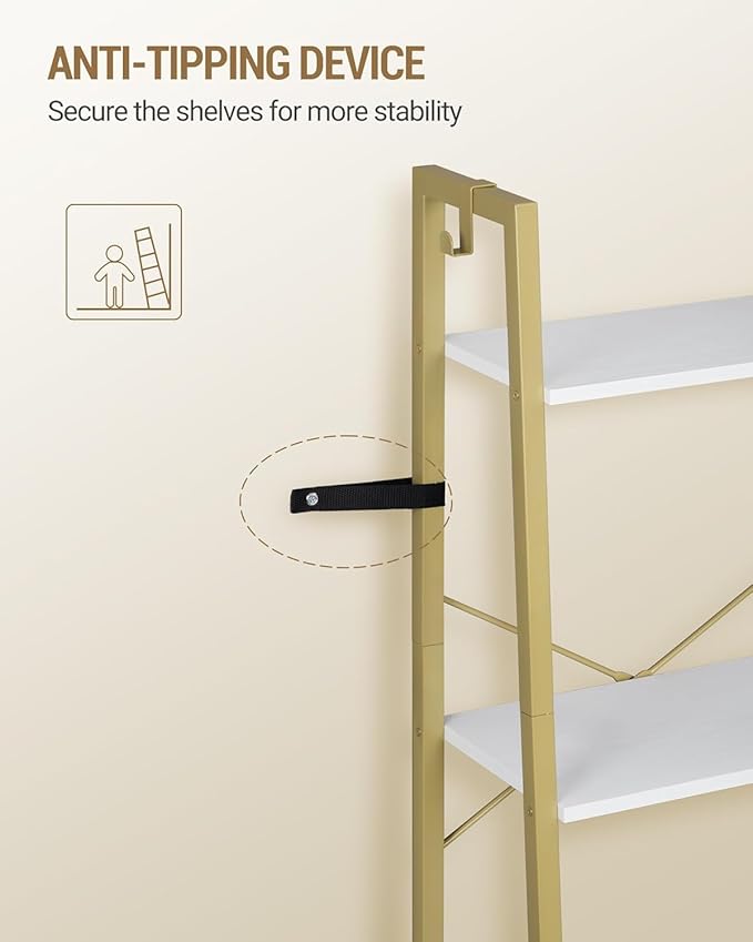 Hzuaneri Ladder Shelf, Bookshelf Bookcase, Freestanding Corner Storage Shelve with 2 Hooks for Home Office, Living Room, Kitchen, Bedroom, Industrial, 11.8" D x 17.3" W x 63" H, White Gold BC19213G