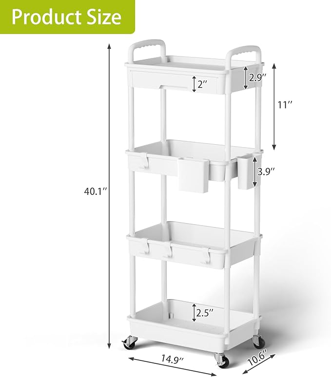 Sorgion 4 Tier Rolling Cart Organizer,Art Craft Diaper Bedside Snack Laundry Room Bathroom Organizer Narrow Thin Slim Rolling Trolley Utility Cart with Wheels for Kitchen,Office(White)