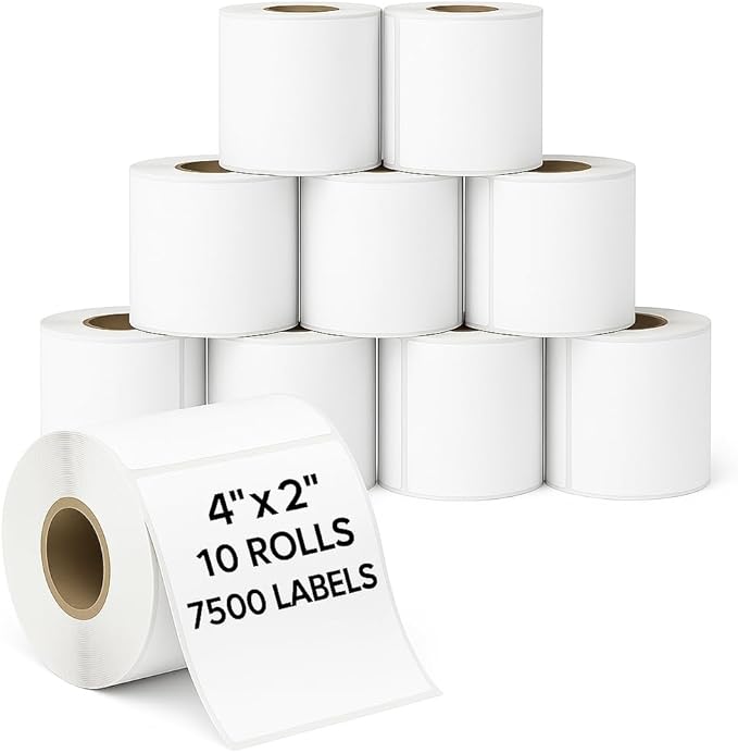 4" x 2" Direct Thermal Labels Roll, 10 Rolls (7,500 Labels),Compatible with Zebra,Rollo, MUNBYN,POLONO & IDPRT Label Printer, Strong Adhesive Perforated Label Rolls for Packages,Barcodes & Office Use