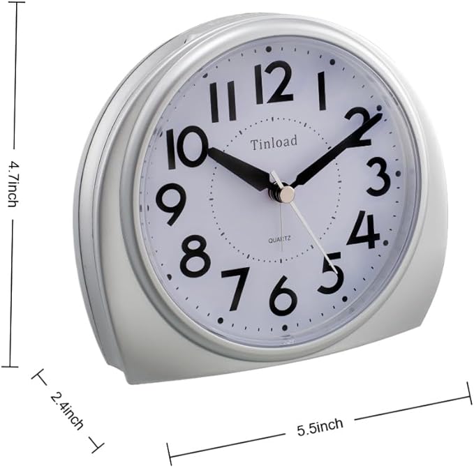 Tinload 5.5" Large Analog Alarm Clock Silent Non Ticking, Gentle Wake, Beep Sounds, Increasing Volume, Battery Operated Snooze and Manual Light, Easy Set,Silver(Best for Elder)