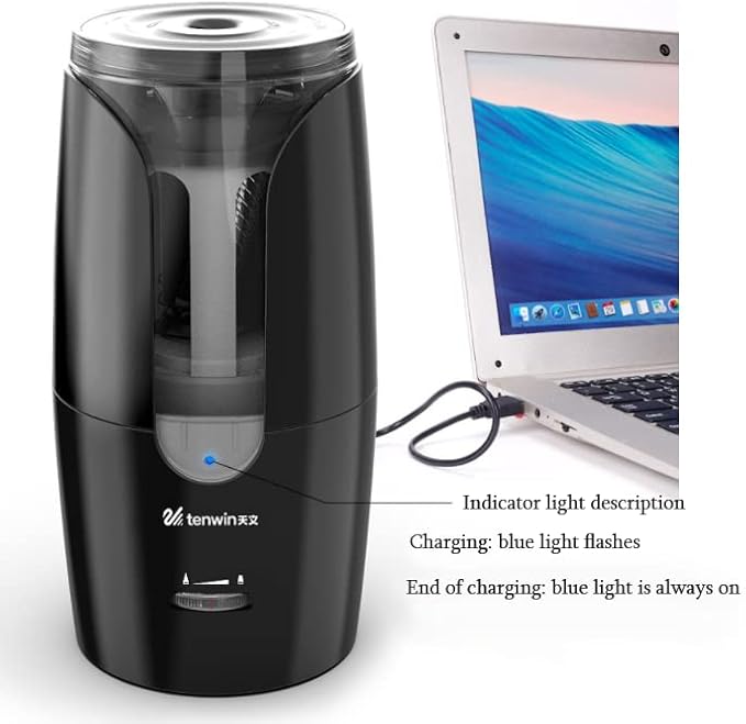 tenwin Chargeable Electric Pencil Sharpener, Heavy Duty Adjustable Art Sharpeners, Powered Auto-Stop Pencil Sharpener for Teacher Use, School, Home, Classroom Product Supplies 8028 (Black)