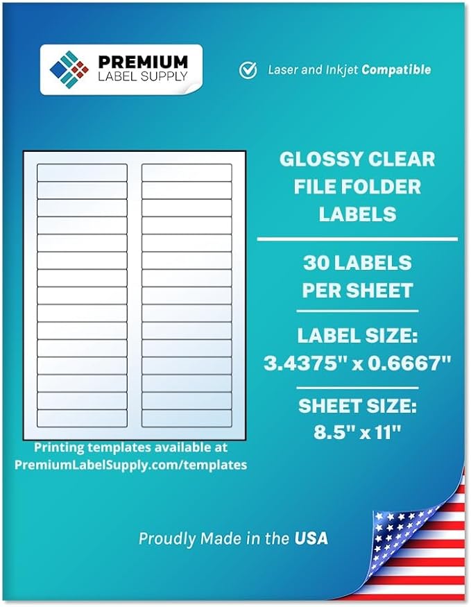 Premium Label Supply Glossy Clear File Folder Labels – 3.4375" x 0.6667" – Laser/Inkjet Compatible – (30 per Sheet), 500 Sheets – 15,000 Total Adhesive Labels