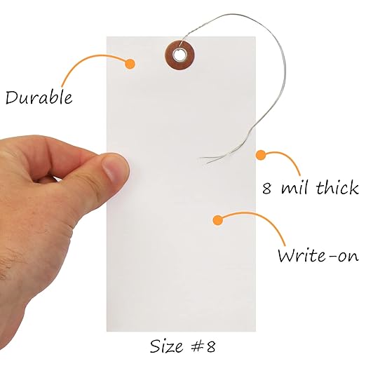 SmartSign Blank Tyvek Shipping Tags with Wire, Size #8 | 6 1/4" x 3 1/8", Pack of 100, White