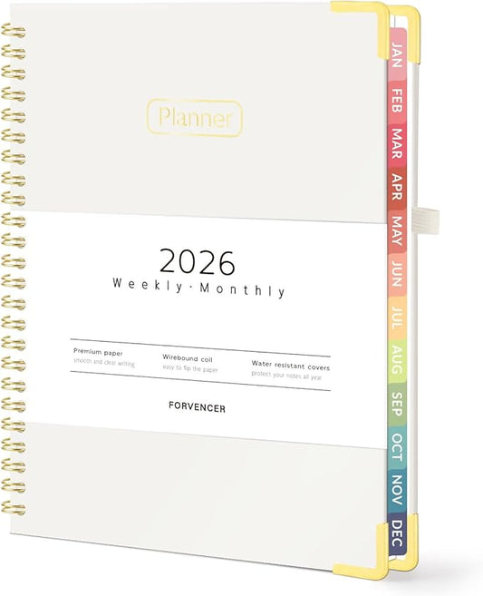 Forvencer 2026 Planner, Hardcover Calendar Planner Weekly and Monthly, Jan 2026 - Dec 2026, 6" x 8", Spiral Agenda Book with Tabs, Exquisite Daily Journal Organizer for Home School, Beige