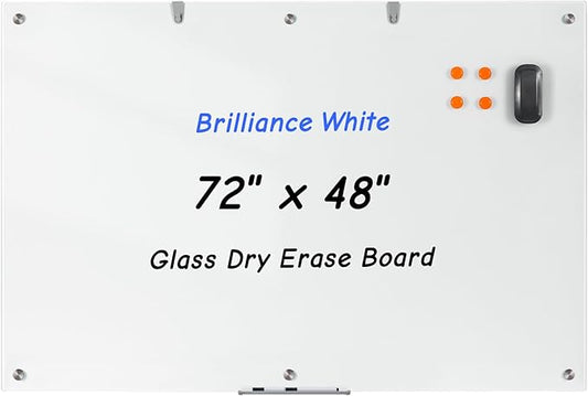 Large Glass Whiteboard, 72 x 48 Inches Magnetic Glass Dry Erase Board for Wall, 6' x 4' Brilliance White Board for Office, Home, School