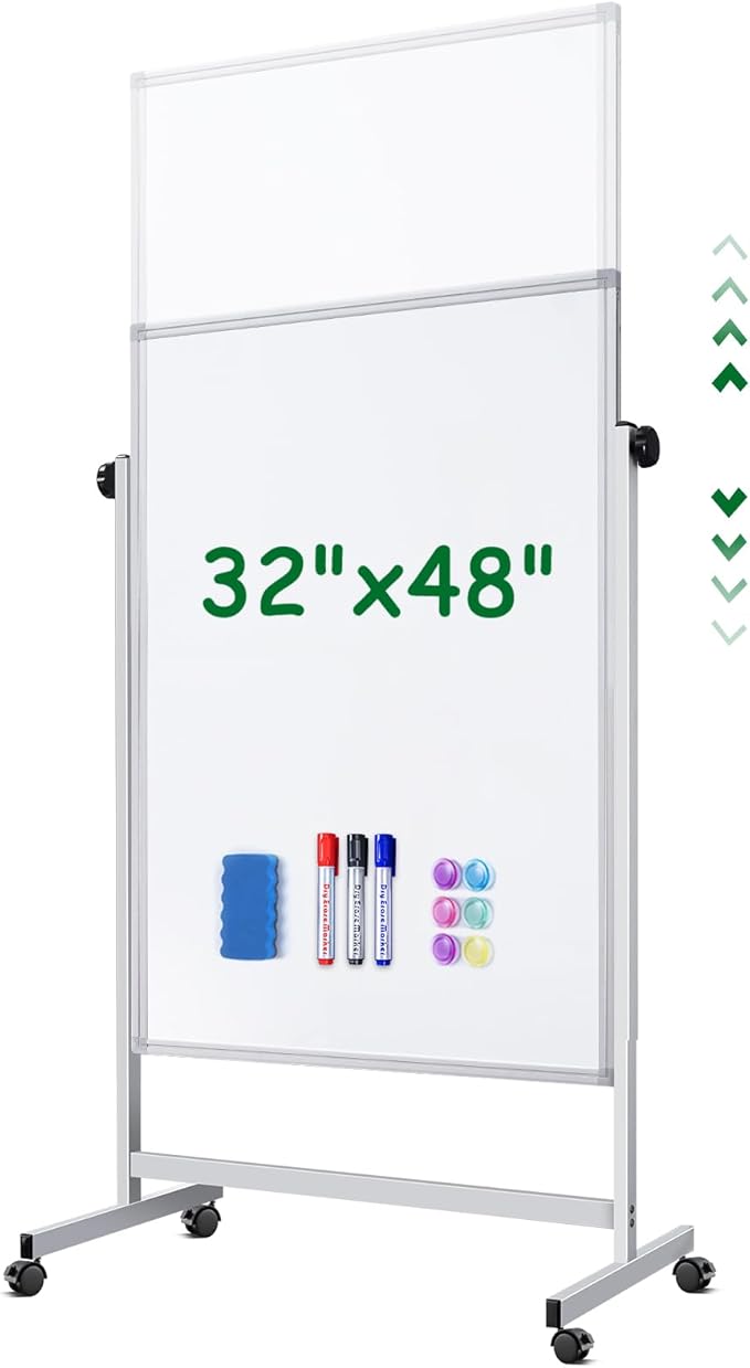 Rolling Whiteboard on Wheels, 32x48 Inches Double-Sided Magnetic Dry Erase Board with Stand, Height Adjustable Mobile White Board Easel for Classroom Home Office