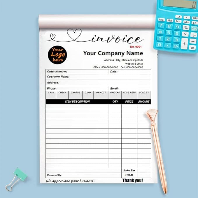 Custom Carbonless Sales Invoice Form Books for Small Business, Personalized NCR 2-Part Receipt Book with Carbon Copies, Cover Add Company Name, Address and Number Printed