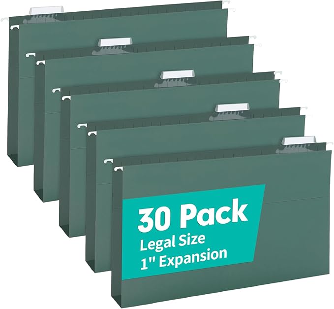 HERKKA Extra Capacity Hanging File Folders, 30 Pack Reinforced Legal Size Hanging Folders with Heavy Duty 1 Inch Expansion, Designed for Bulky Files, Medical Charts, Green