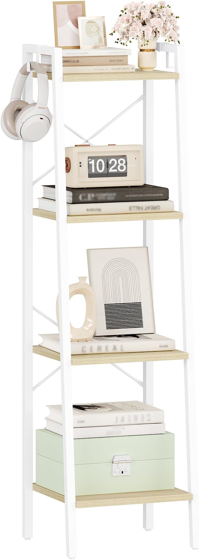 Hzuaneri Ladder Shelf, Bookshelf Bookcase, Freestanding Corner Storage Shelve with 2 Hooks for Home Office, Living Room, Kitchen, Bedroom, Industrial, 11.8" D x 13.4" W x 47.2" H, White Oak and White
