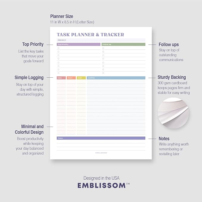 Task Planner & Tracker 8.5 x 11 Tear-Off 70 Sheet Planner Pad – Project Organizer with Time Log, Top Priority, Follow-Up – Notepad for Home & Office (White, Colorful, 2 Pack)