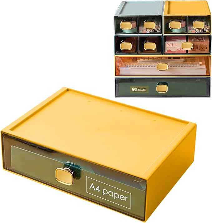 DETEIN Stackable Desk Drawer Organizer 13''x9''x3.3'' Desktop Paper Organizer for Printer Paper File Office Drawer Organizer Box Clear Storage Drawer for Stationery, School, Dorm(Yellow,L-1 Drawer)
