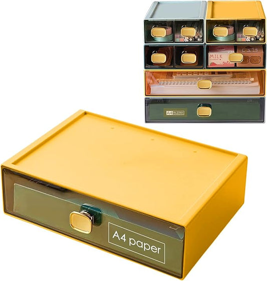 DETEIN Stackable Desk Drawer Organizer 13''x9''x3.3'' Desktop Paper Organizer for Printer Paper File Office Drawer Organizer Box Clear Storage Drawer for Stationery, School, Dorm(Yellow,L-1 Drawer)