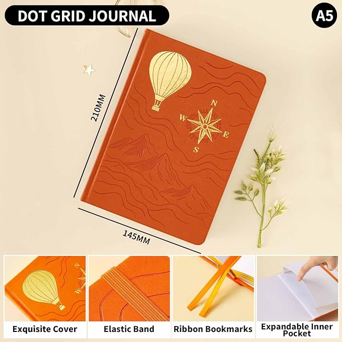 Crein Lynh Dot Grid Journal with 160GSM Thick Paper, 192 Pages, A5 Dotted Notebook for Work, School, Travel | 180° Lay Flat, Foil Stamped Cover, Elastic Band, 2 Bookmarks & Inner Pocket (Orange)