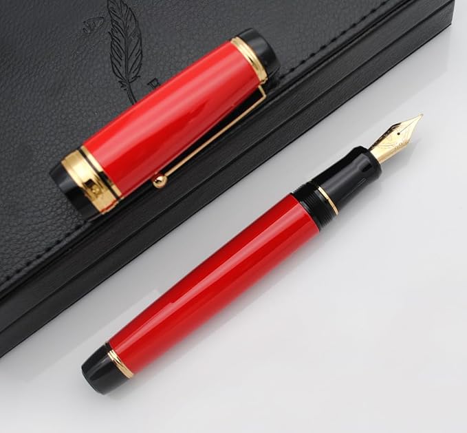 xixixiaozhu Metal Big Fountain Pen Set Medium Nib 0.7mm, Includes Ink Refill Converter, 5 Ink Cartridges & Gift Box (Medium Nib 0.7mm, Red)
