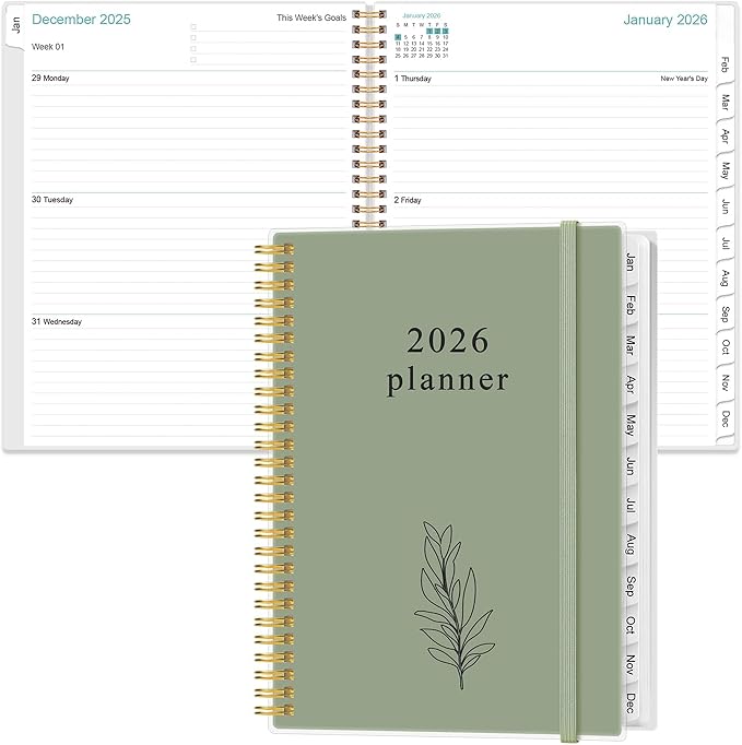 2026 Planner - Planner 2026 from January 2026 to December 2026 with 12 Monthly Tabs, Flexible Cover, Inner Pocket, 8.5" x 11", Green