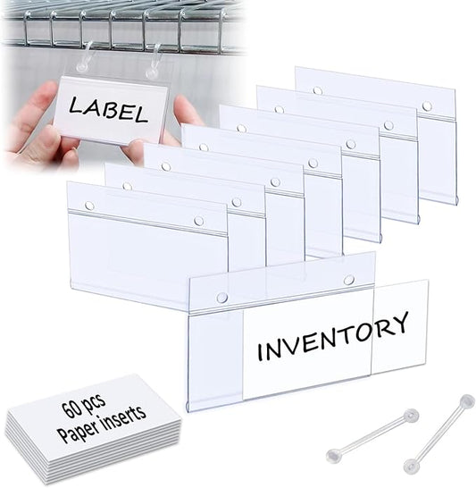 ChanQnTon Plastic Shelf Labels, 60pcs Label Holders with 120pcs Snap Lock Hanging Loops and 60pcs Matched Paper Inserts for Wire Basket,Price Tags,Shelf Tags for Wire Shelving 3.15x1.57inch